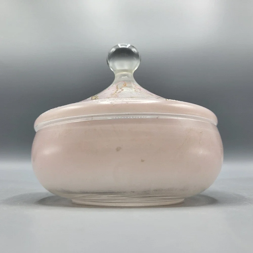 Butterfly Trinket Dish Vanity Jar Frosted Pink Glass Gold Accents Hand Painted